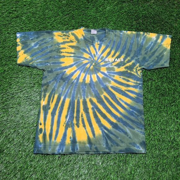 Vintage 90s Spiral Tie-Dye Royals Shirt Large Green Yellow Single Stitch USA - Picture 1 of 11